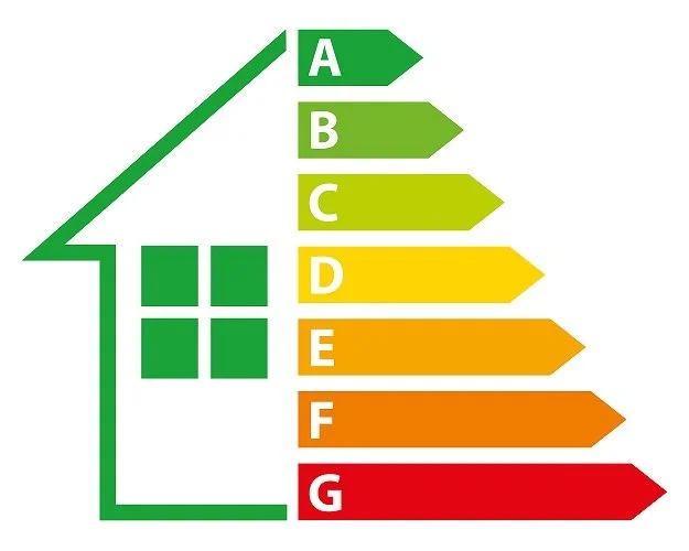 Energy efficiency rating chart with colored arrows from green to red labeled A through G.