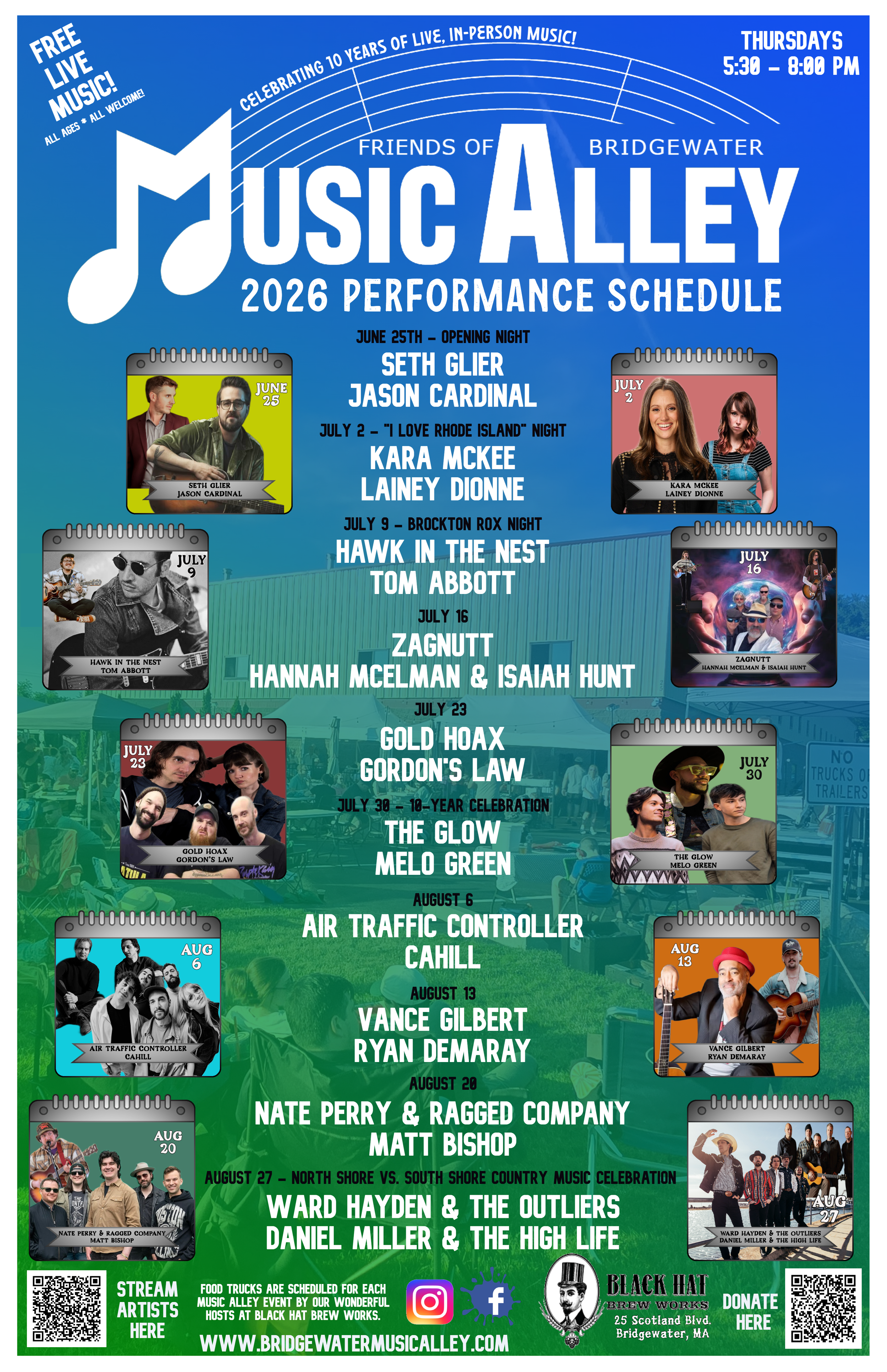 Image of the 2026 Music Alley summer concert performer listing.  Dates are Thursdays June 25 through August 27th.