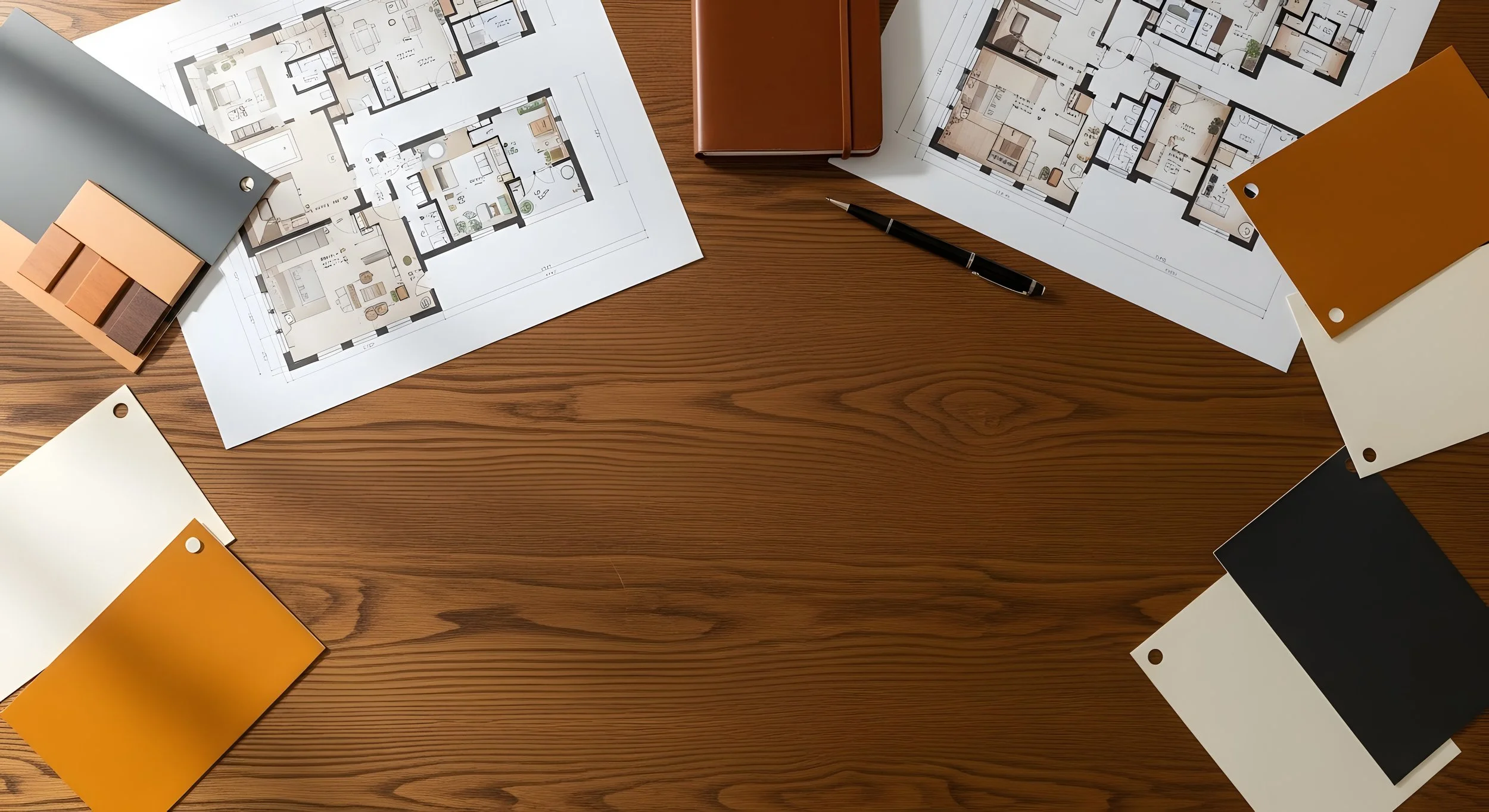 Architectural floor plans and material samples on a design strategy work table