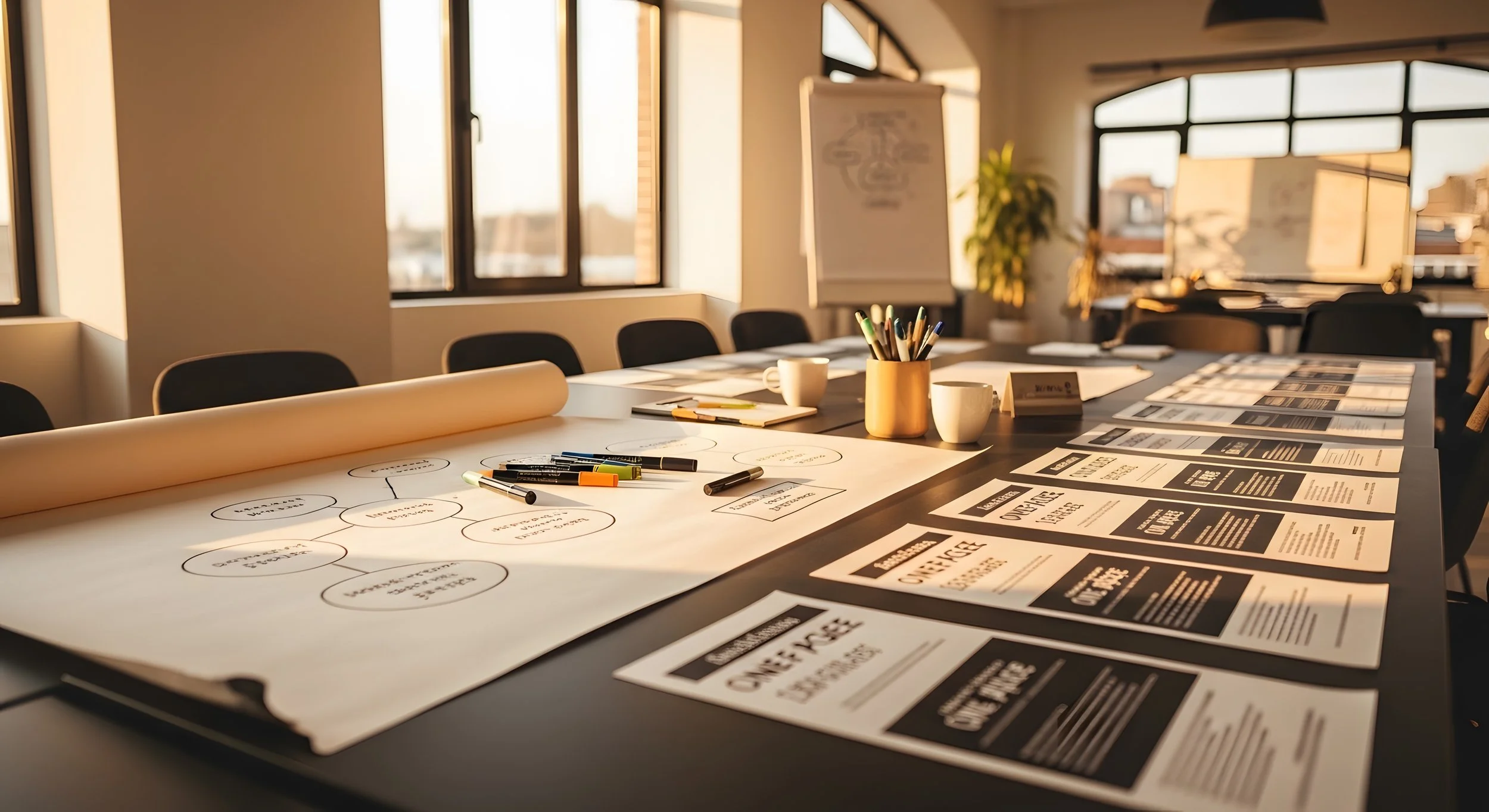 Strategy workshop setup with framework diagrams and planning materials — Advisory & Workshops
