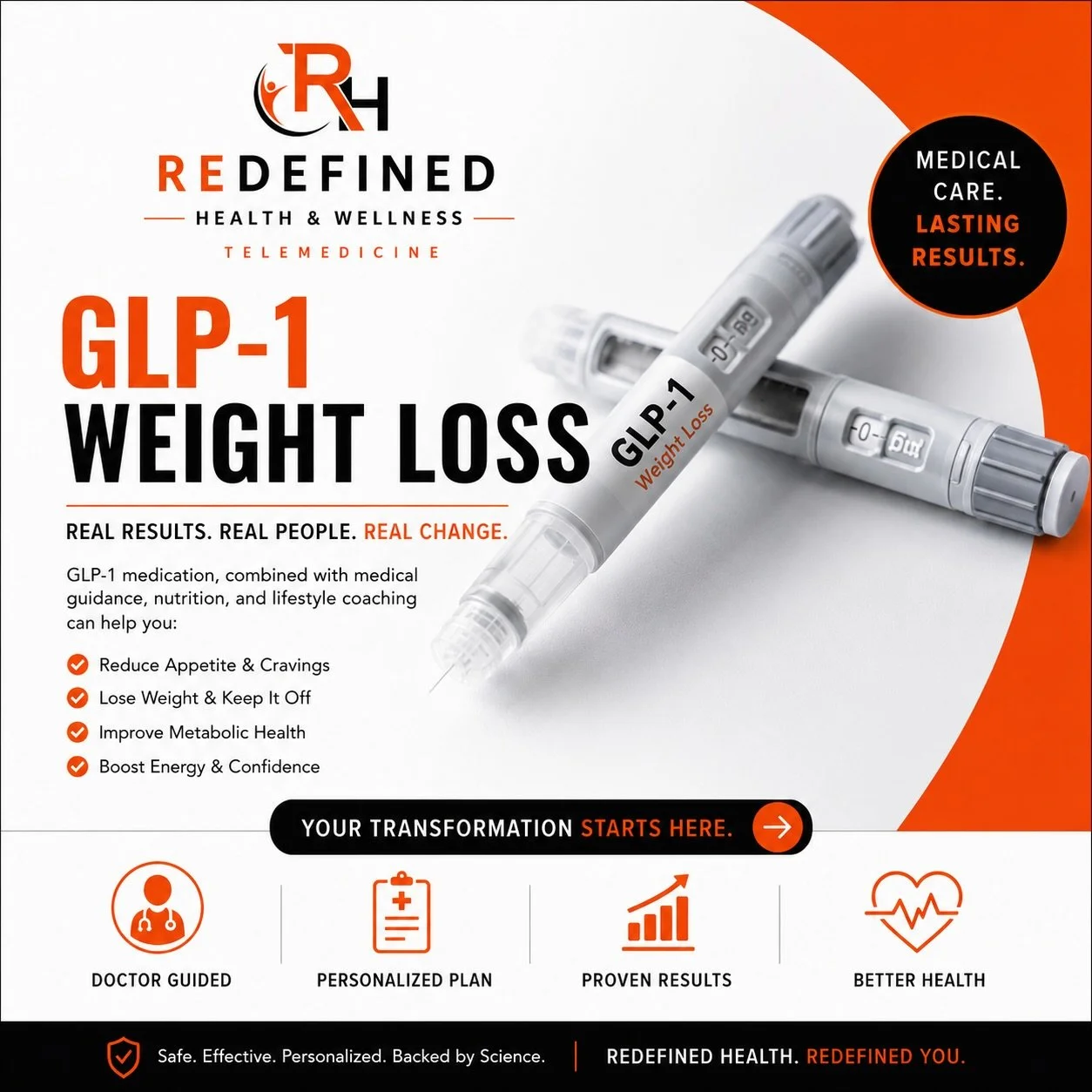 From the first step to lasting change.

Losing weight isn&rsquo;t just about a number on the scale&mdash;it&rsquo;s about improving your health, confidence, and quality of life.

At Redefined Health &amp; Wellness Telemedicine, we believe sustainable