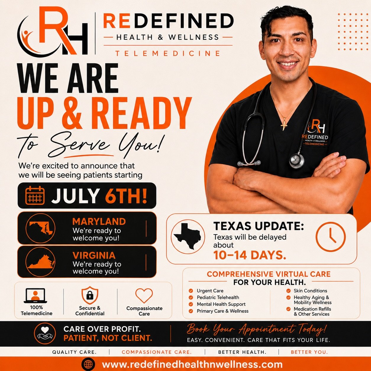 🚀 Healthcare, redefined. Compassionate care, wherever you are.

At Redefined Health &amp; Wellness Telemedicine, our mission is simple: to make high-quality healthcare convenient, affordable, and centered around you.

Now proudly serving patients in