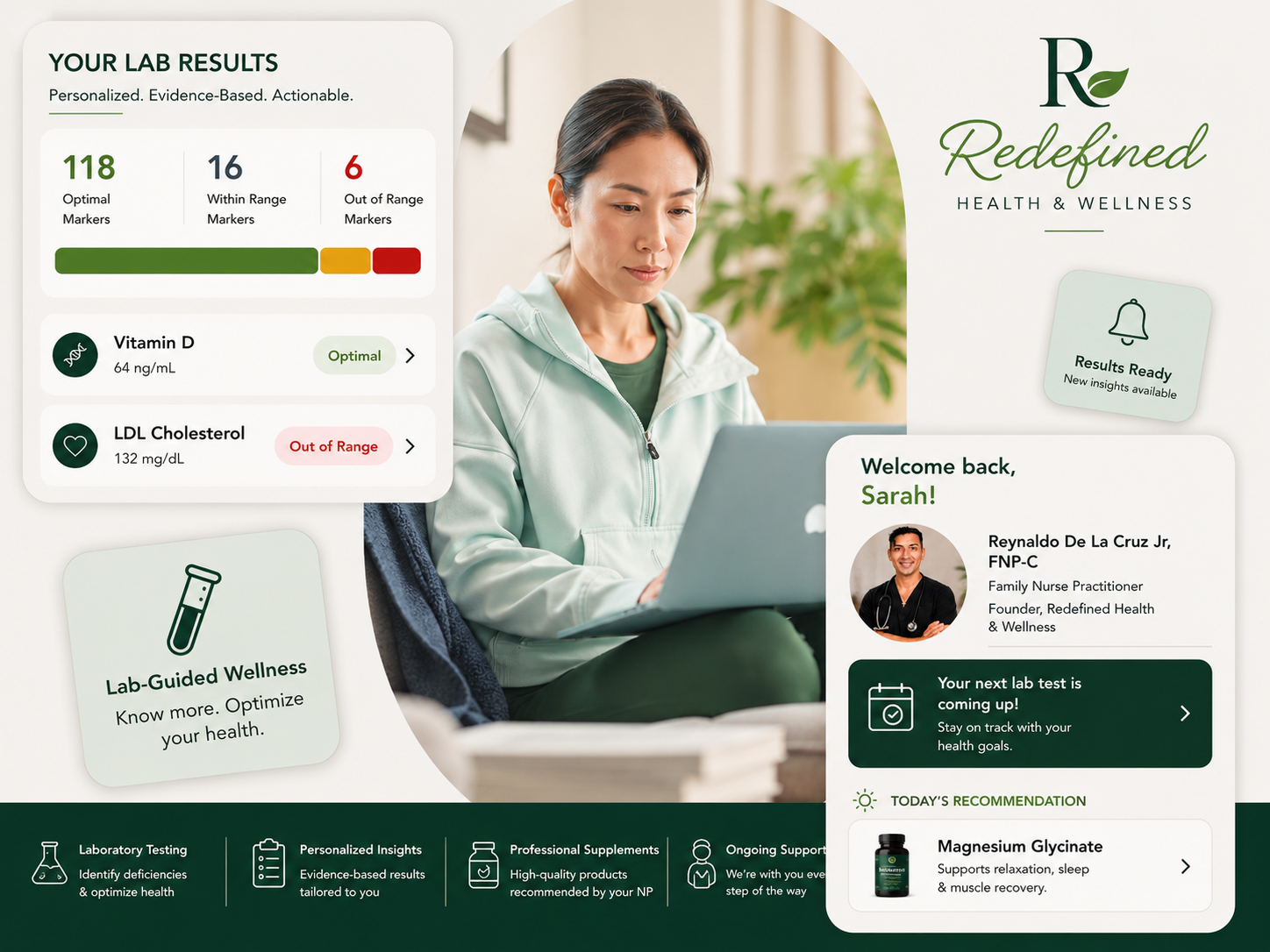Digital health app interface showing lab results, personal health insights, and a welcoming message to Sarah from a healthcare professional, with personalized health recommendations and wellness information.