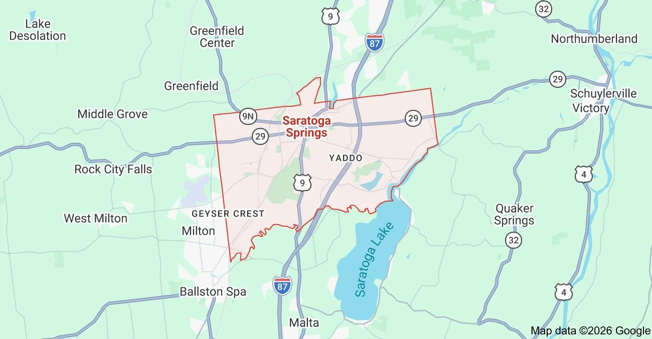 Map showing the city of Saratoga Springs, New York, with surrounding areas and lakes, including Saratoga Lake to the southeast.