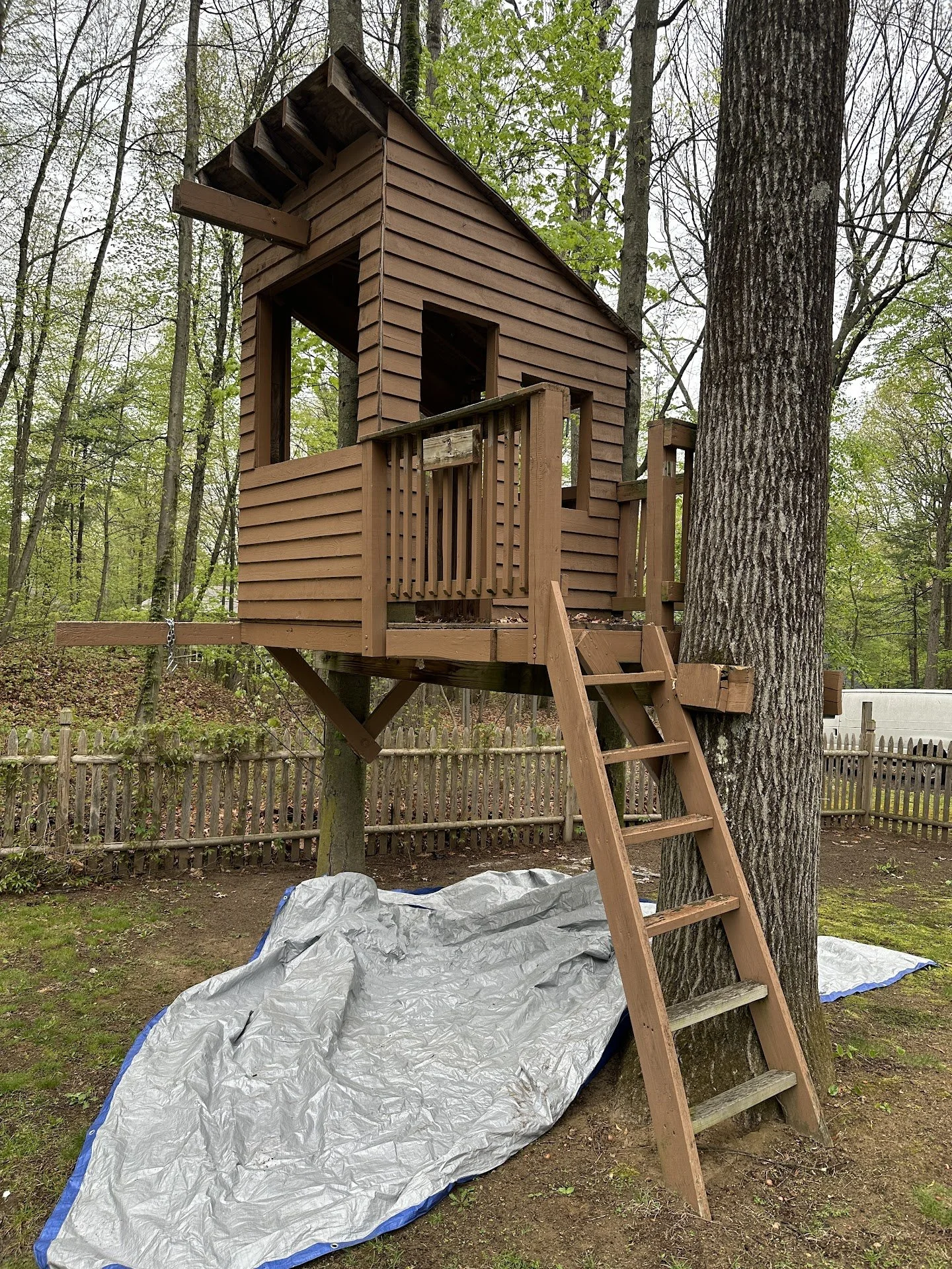A partially built wooden treehouse in a wooded backyard, with stairs leading up to the entrance, and a tarp covering the ground beneath it.