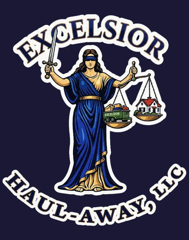 Logo for Excelsior Haul-Away, LLC featuring Lady Justice holding a sword and a scale with a house on one side and a delivery truck labeled 'Excelsior' on the other, with the company name above and below.