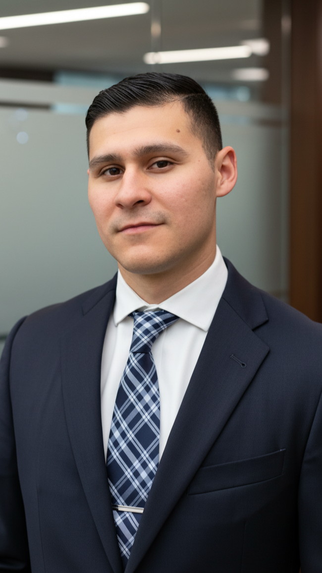 A young man in a navy suit, white shirt, and plaid tie standing in an office environment.