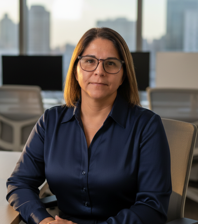 A woman with shoulder-length brown hair and glasses sitting at a desk in an office with large windows and city buildings in the background.