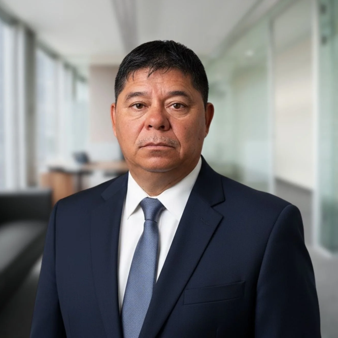 A man in a dark suit, white shirt, and blue tie standing in a modern office with glass walls and blurred background.