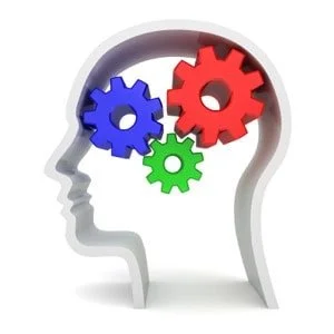Illustration of an outline of a head filled with colorful gears.