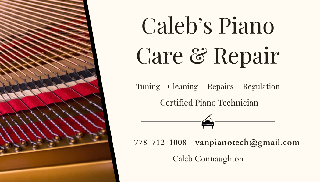 Caleb Piano Care and Repair Business Card based in Burnaby BC