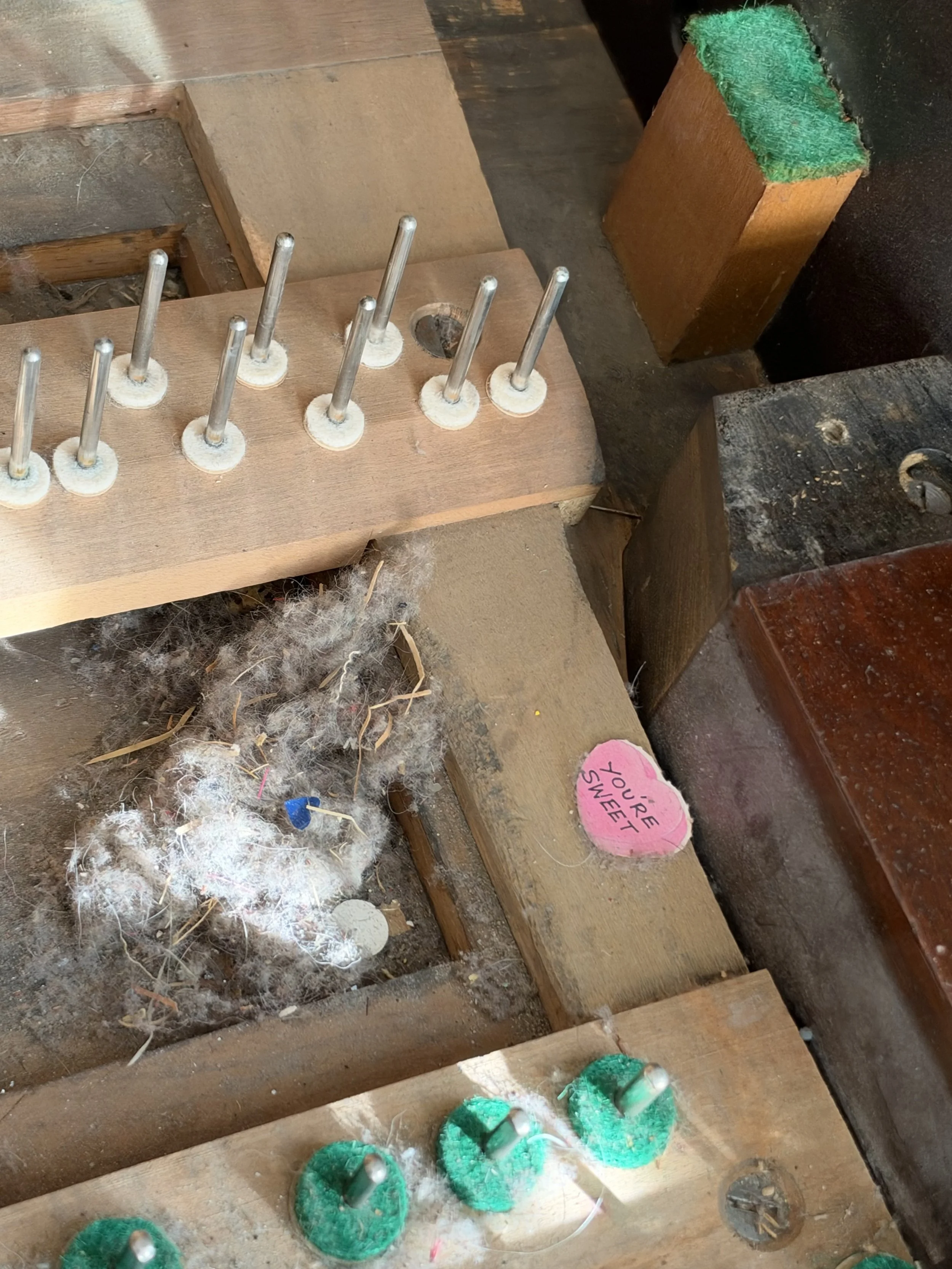 Before piano interior cleaning - Mouse nest and debris inside the piano 