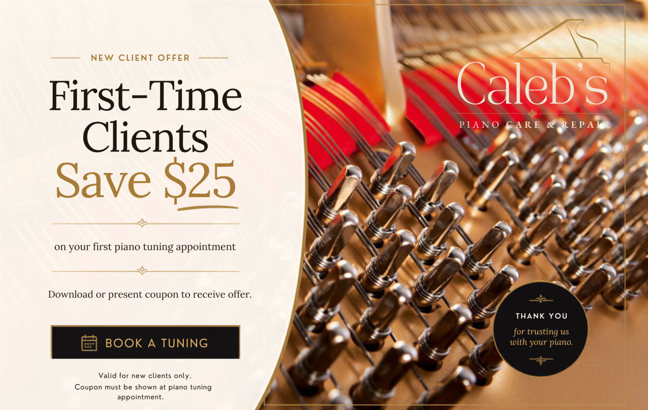 Caleb's Piano Care and Repair first tuning appointment new client offer