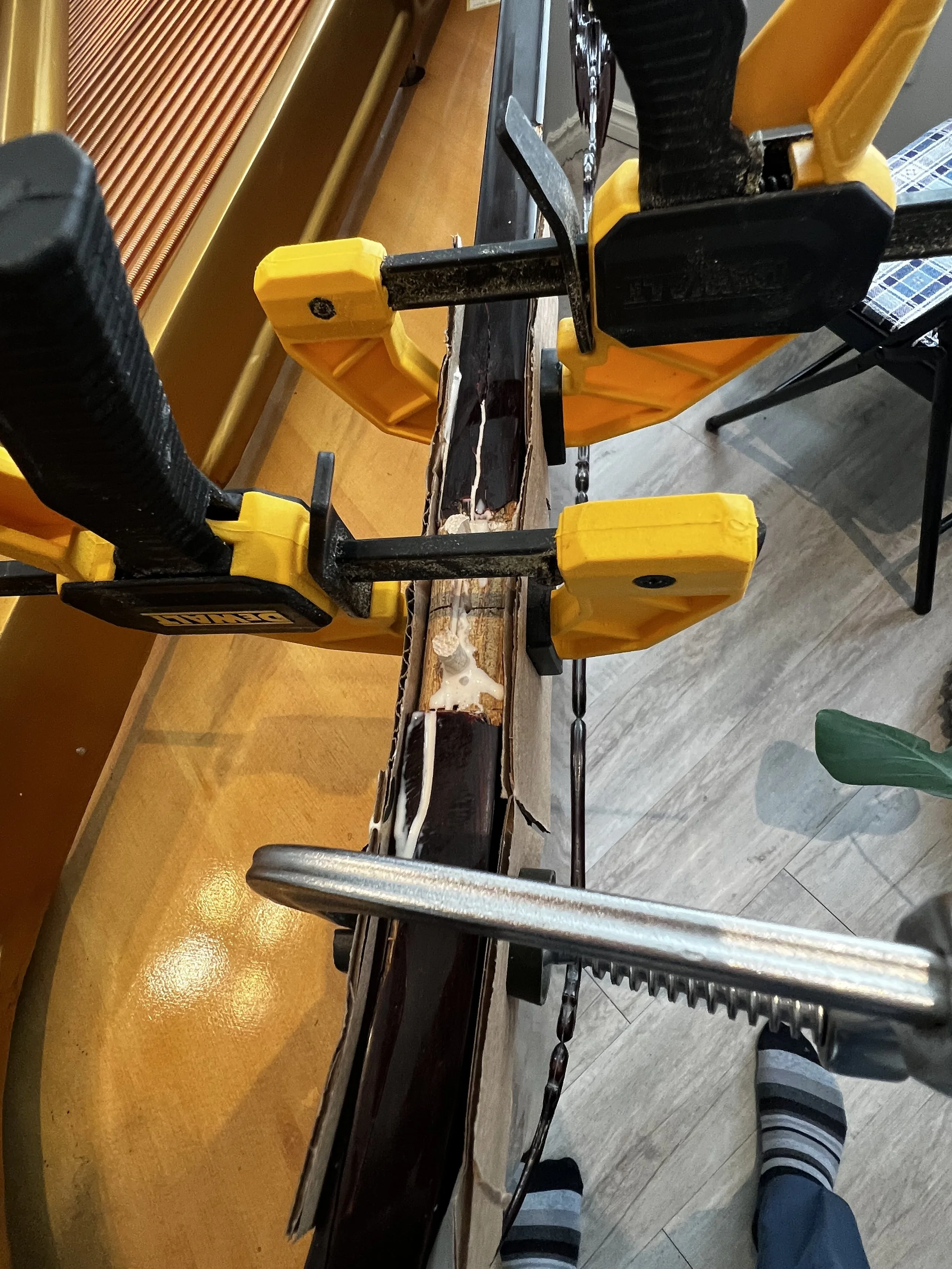 During the Repair - Filled the gaps, clamped and glued the case back together, leaving it for 24 hours to cure