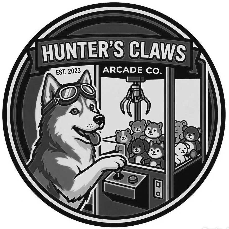 Logo for Hunter's Claws Arcade Co. featuring a dog with goggles operating a claw machine filled with teddy bears, established in 2023.