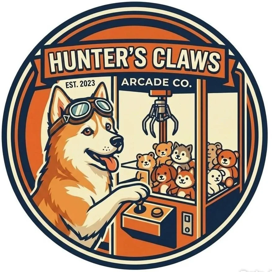 Logo for Hunter's Claws Arcade Co. showing a dog with goggles at a claw machine filled with teddy bears, with a banner indicating the business was established in 2023.