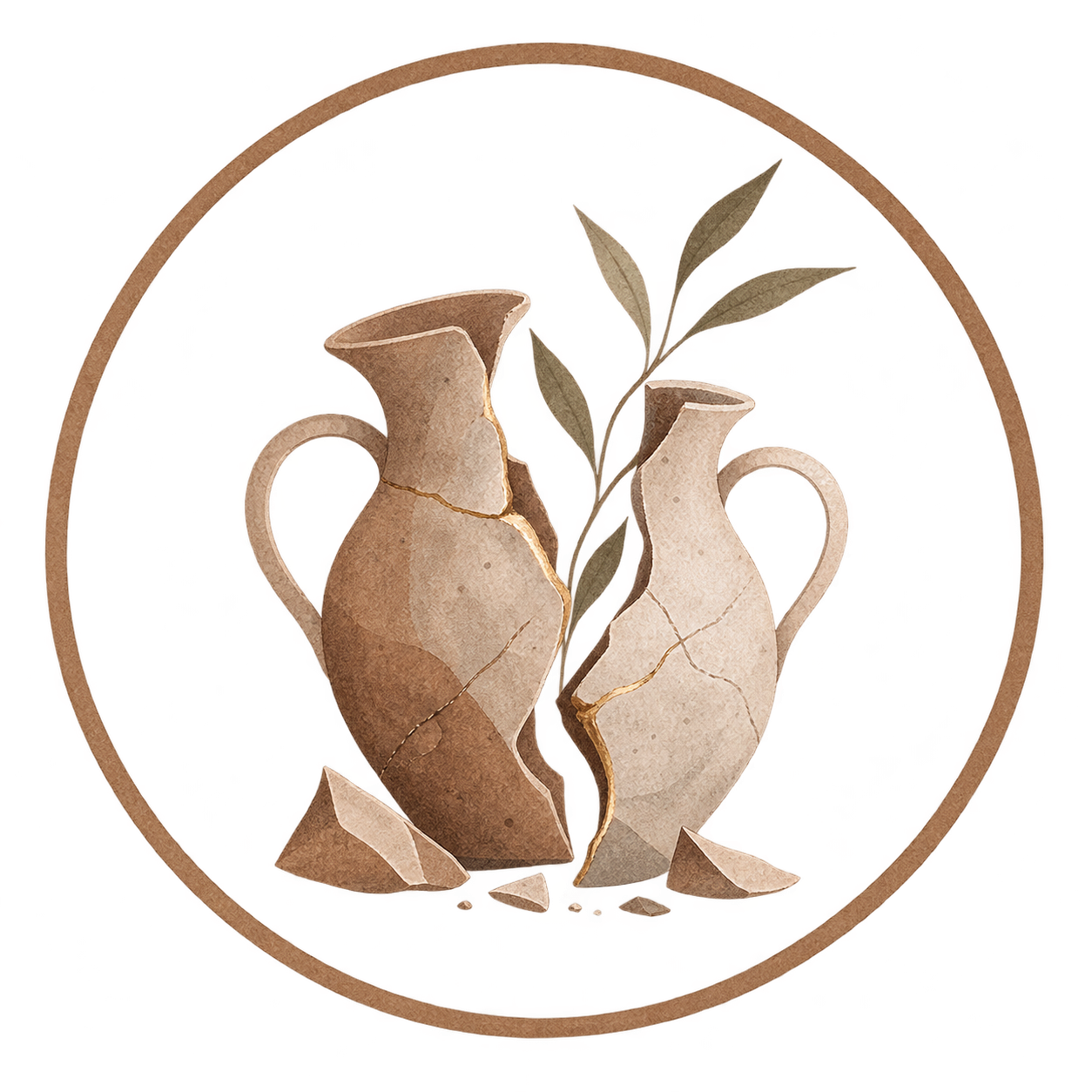 Broken pottery vases with green leaves inside, set within a circular frame.