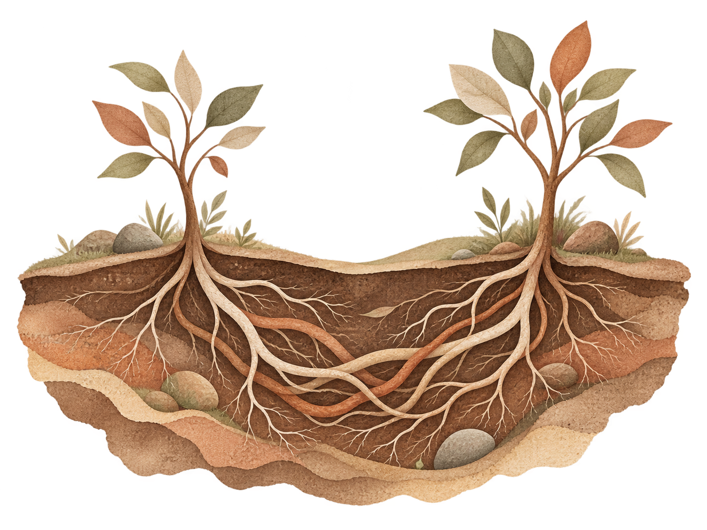 Cross-section of soil showing two plants with roots extending underground, surrounded by rocks and small plants.