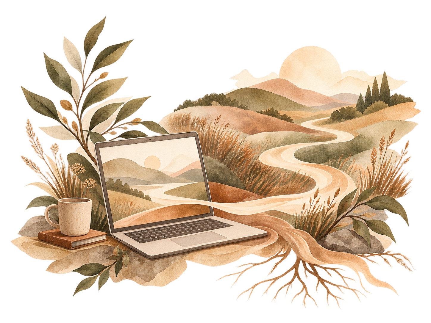 Watercolor landscape with mountains, river, and sun, with a laptop, mug, and book in the foreground.