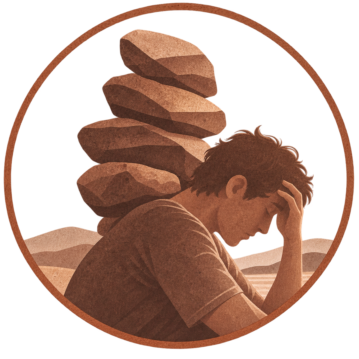 Illustration of a person carrying a stack of rocks, representing stress and burnout.
