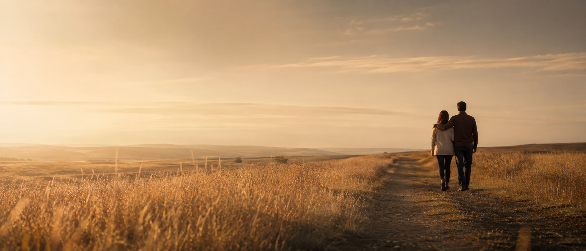 A couple walking together down a dirt path in a field during sunset.