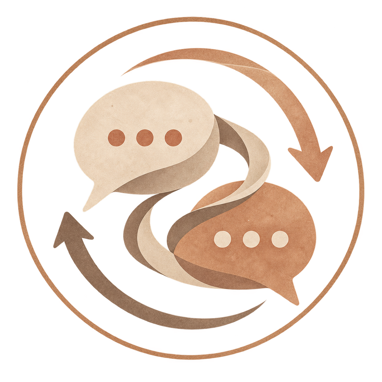 Illustration of two speech bubbles interconnected, surrounded by a circular arrow, symbolizing communication or conversation.