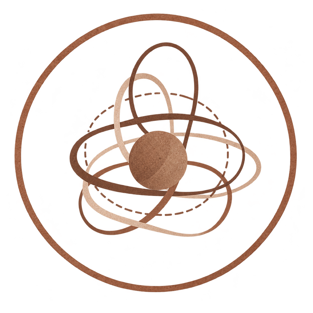 A decorative wall hanging with a central cork sphere and interconnected rings resembling a model of an atom, hanging within a circular frame.
