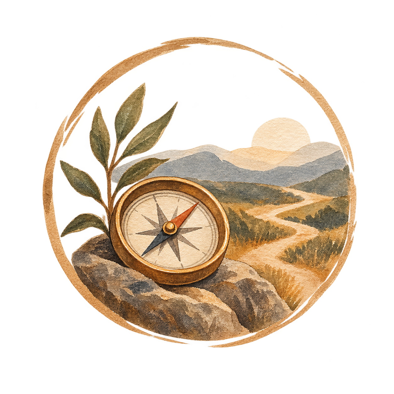 Watercolor painting of a landscape with mountains, a setting or rising sun, a dirt path, with a compass and olive branch in the foreground, all encased in a circular frame.
