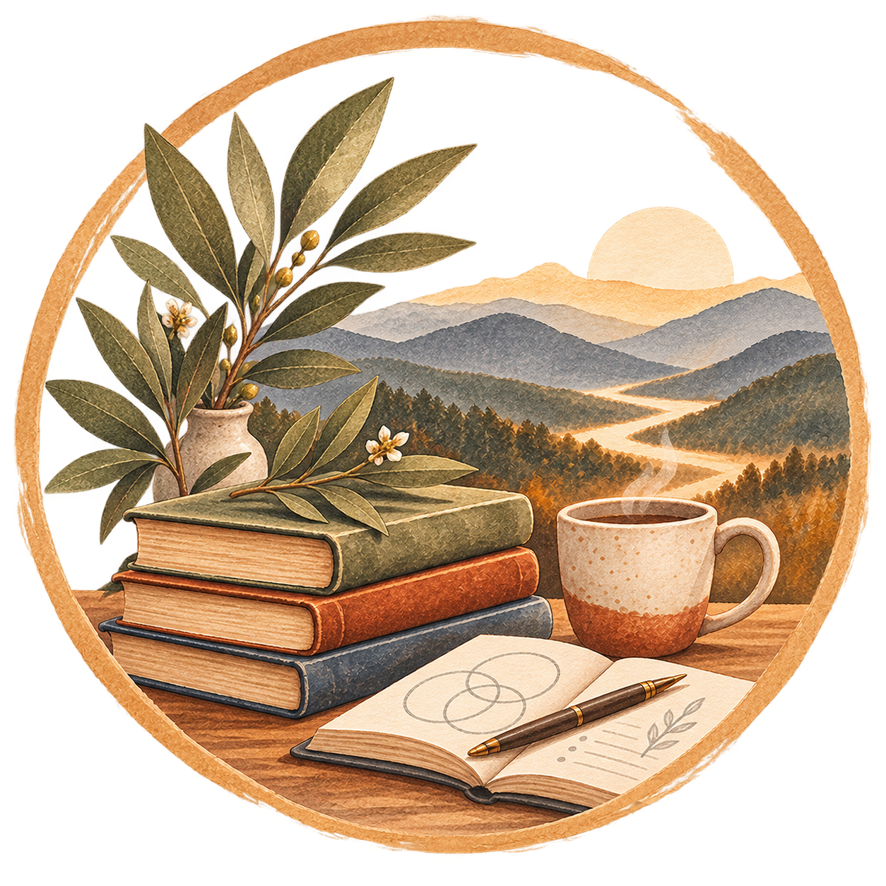 A cozy scene with a stack of four books, a pen, an open journal, a steaming cup of coffee, and a vase with green leaves and white flowers on a wooden surface. In the background, there are mountains and a winding river with the sun setting over the horizon.