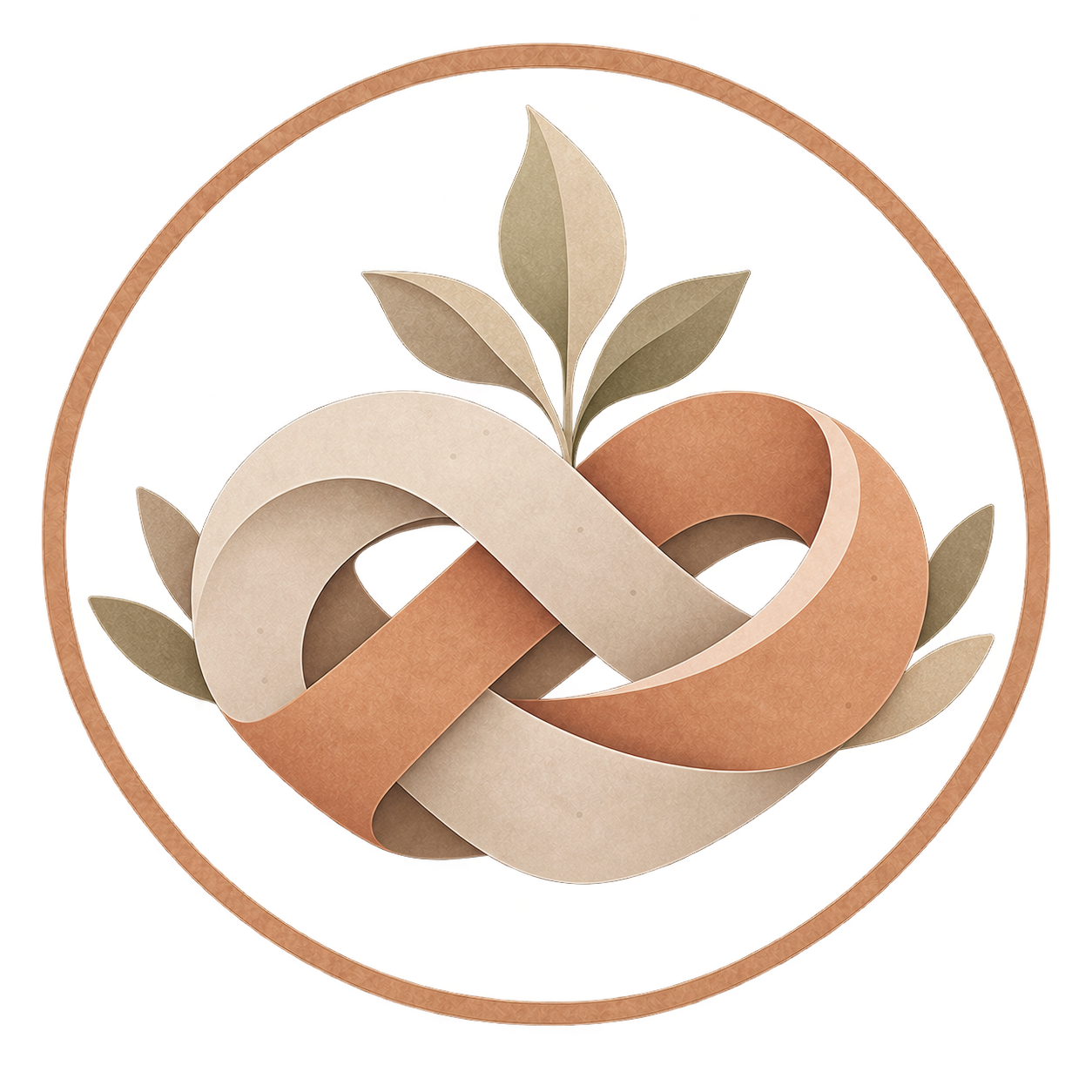 A decorative paper craft heart with intertwined ribbons and leaves, enclosed in a circular frame.
