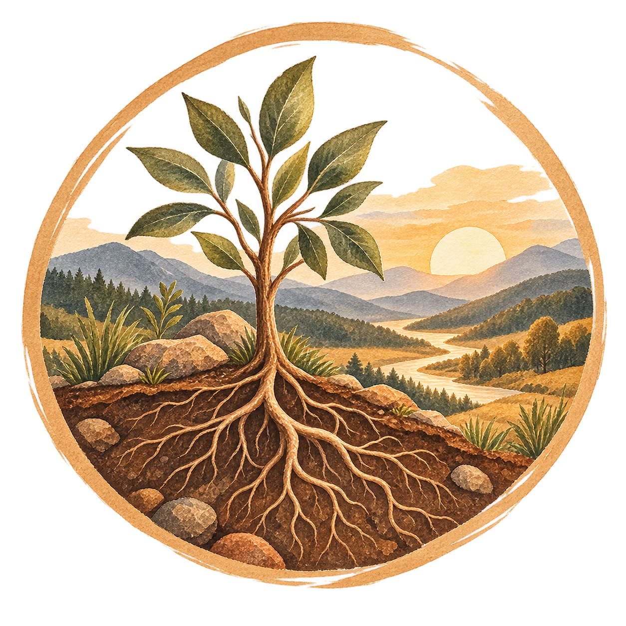 Illustration of a tree with green leaves and exposed roots in the foreground, with mountains, a river, and a sunset in the background.