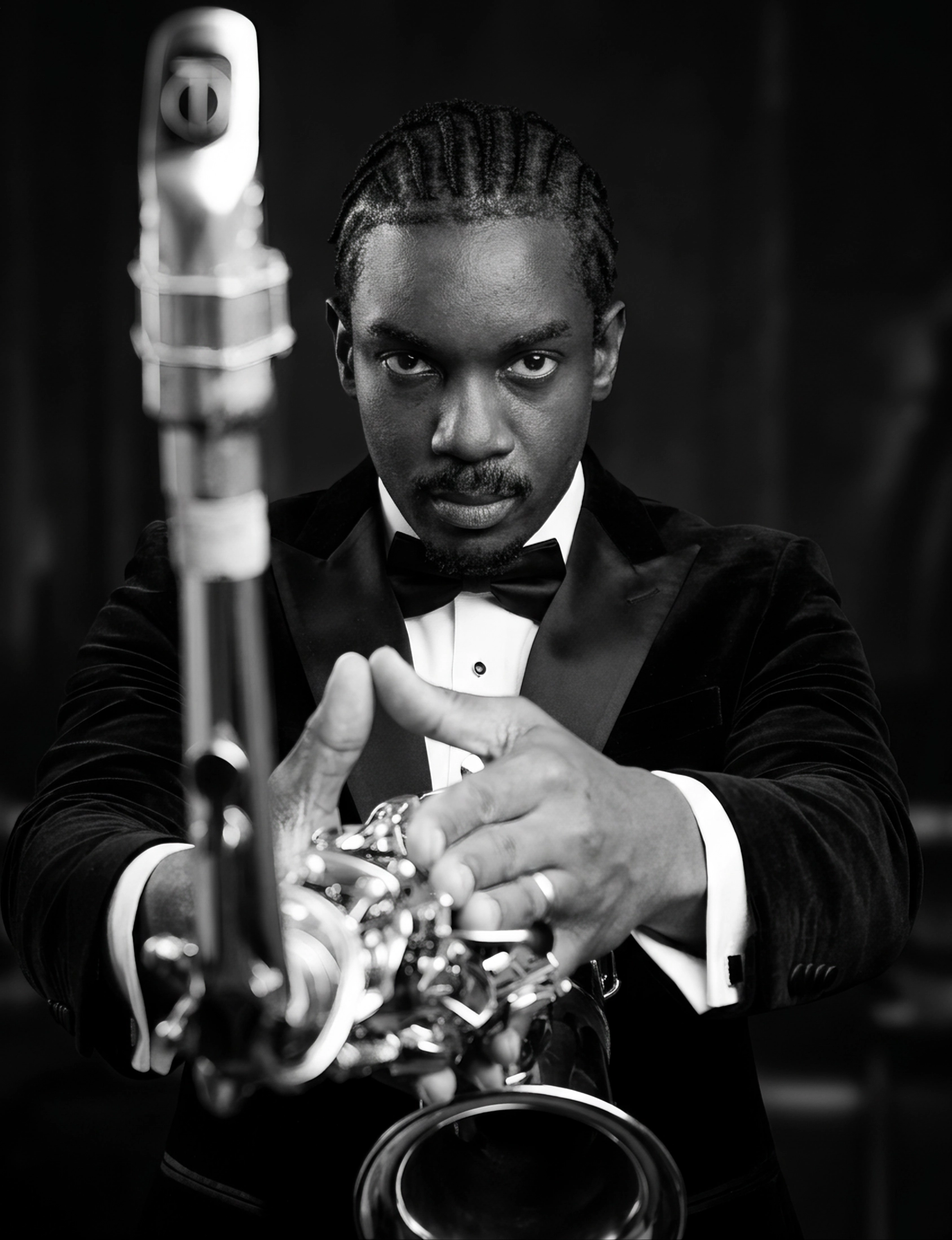 A black and white portrait of a man in formal attire playing the saxophone. He is looking directly at the camera with a serious expression. His dreadlocks are pulled back, and he is wearing a tuxedo with a bow tie. The saxophone is centered and partially in focus in the foreground.