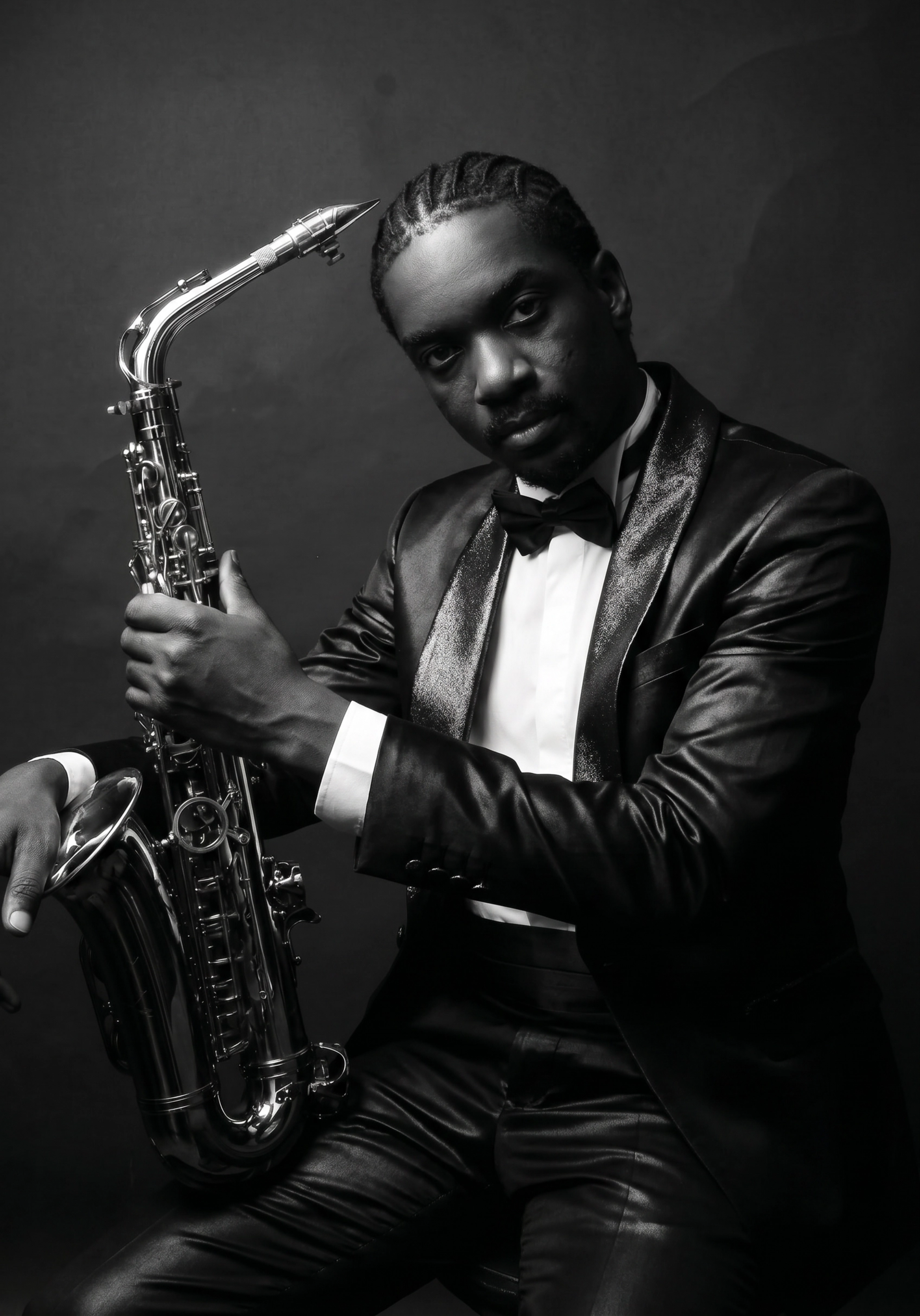 A black and white portrait of a man holding a saxophone, wearing a tuxedo with a bow tie, against a dark background.