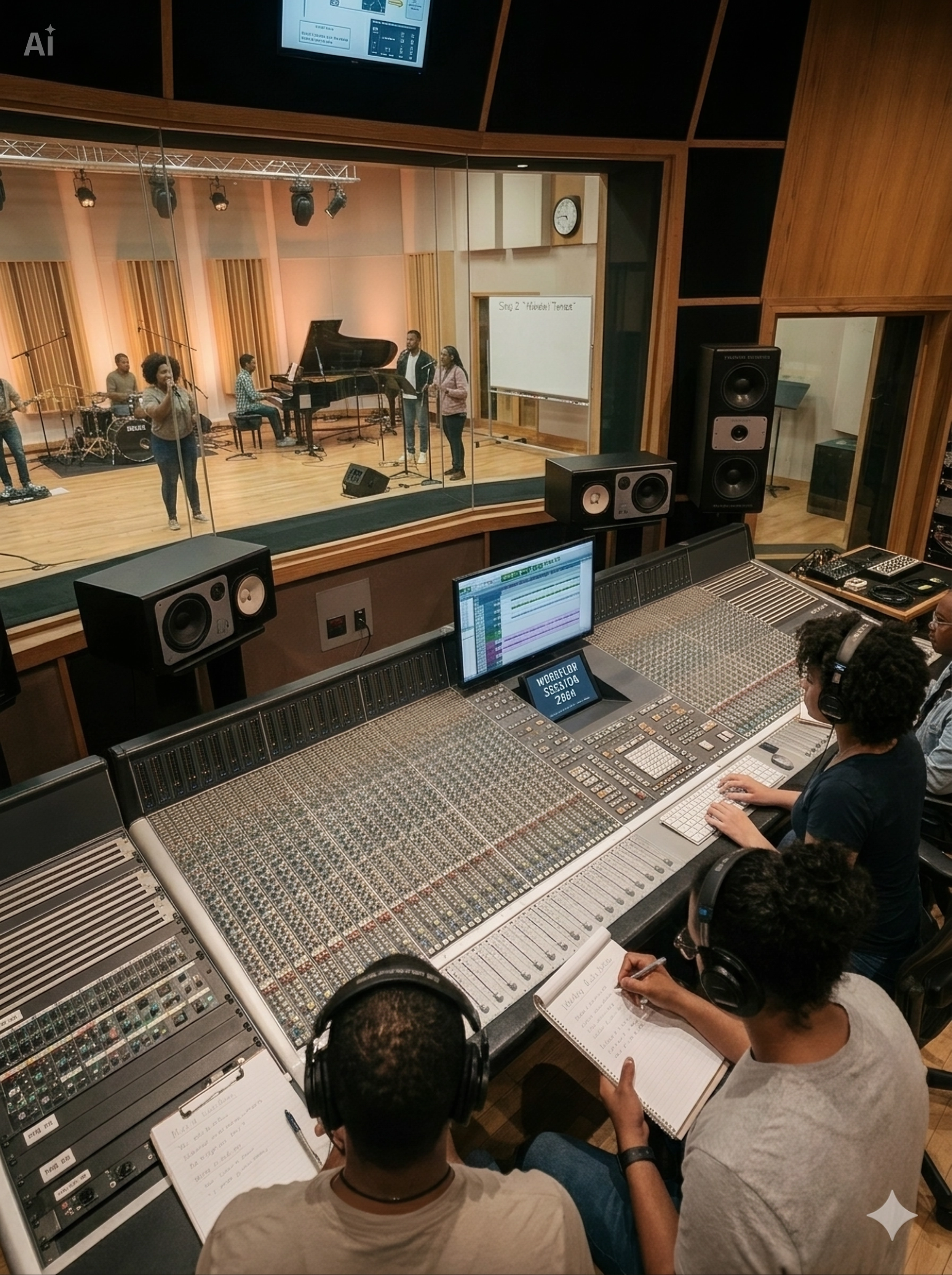 View of a recording studio control room with a large mixing console, audio equipment, and multiple people wearing headphones working on music production, with a glass window looking into a performance room where a band rehearses.