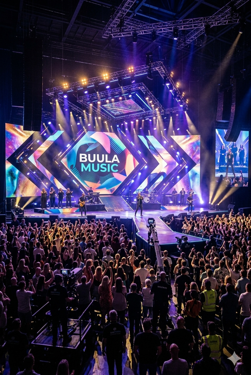 Concert stage with bright lights, displaying 'Buula Music' on large screen, with a band performing and an audience cheering.