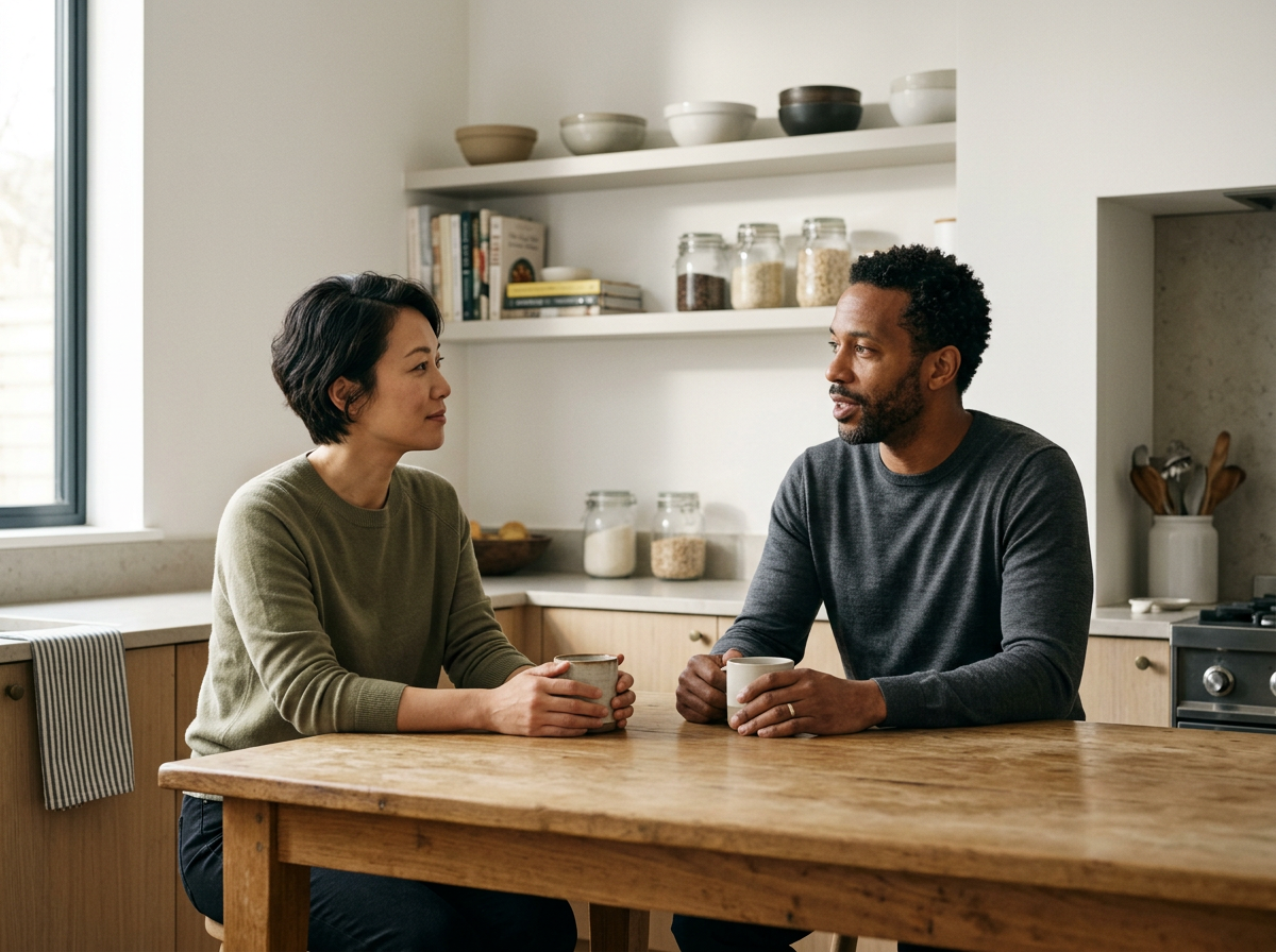 A woman and a man sit at a wooden kitchen table, having a conversation while holding coffee mugs.