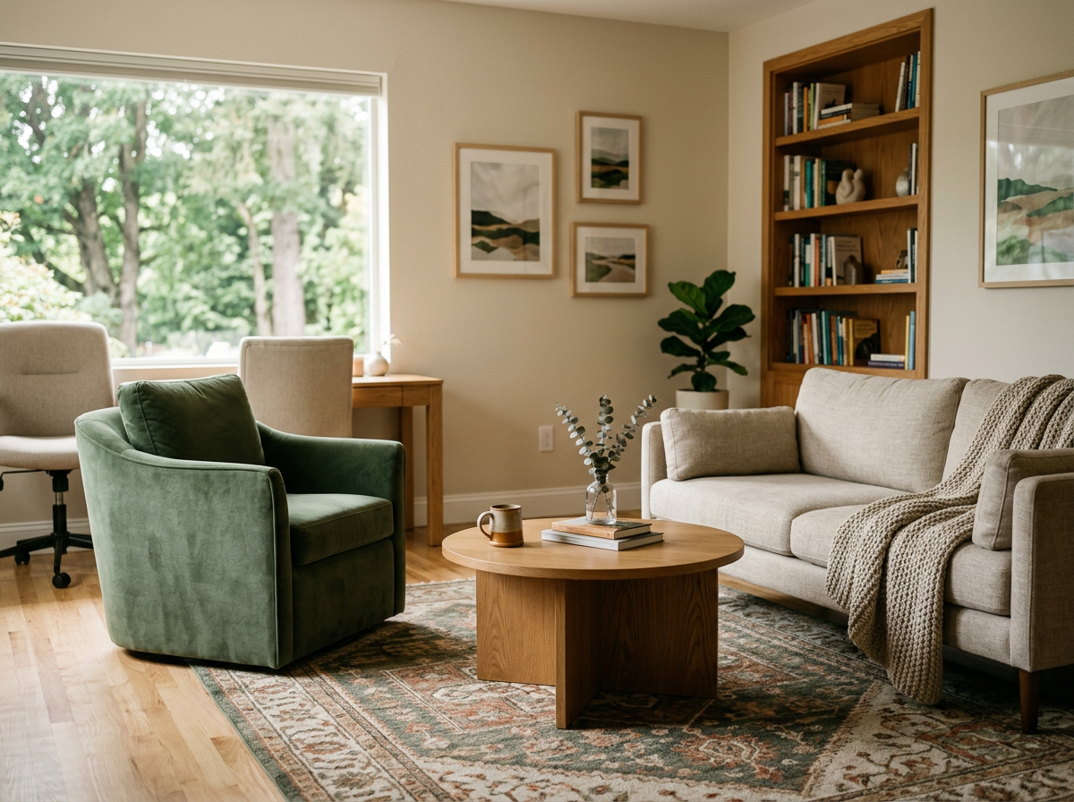Living room with beige sofa, green armchair, wooden coffee table, bookshelf, artwork, and large window showing greenery outside.