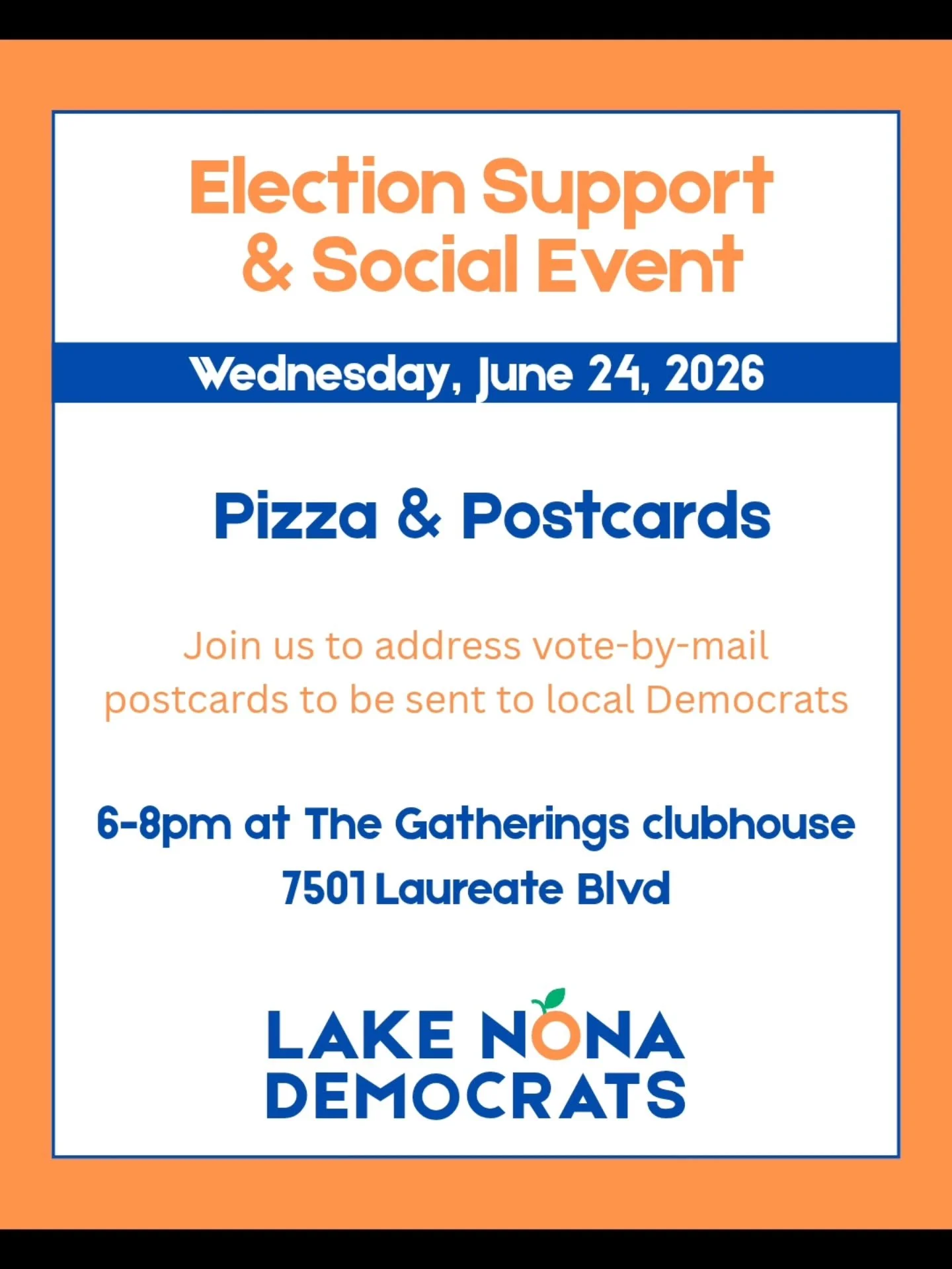💙 Join us for our first election support &amp; social event of this election cycle!

🍊 Help us remind local Democrats who have let their vote-by-mail request lapse to renew online. The postcards and lists of voters to be contacted are supplied by t