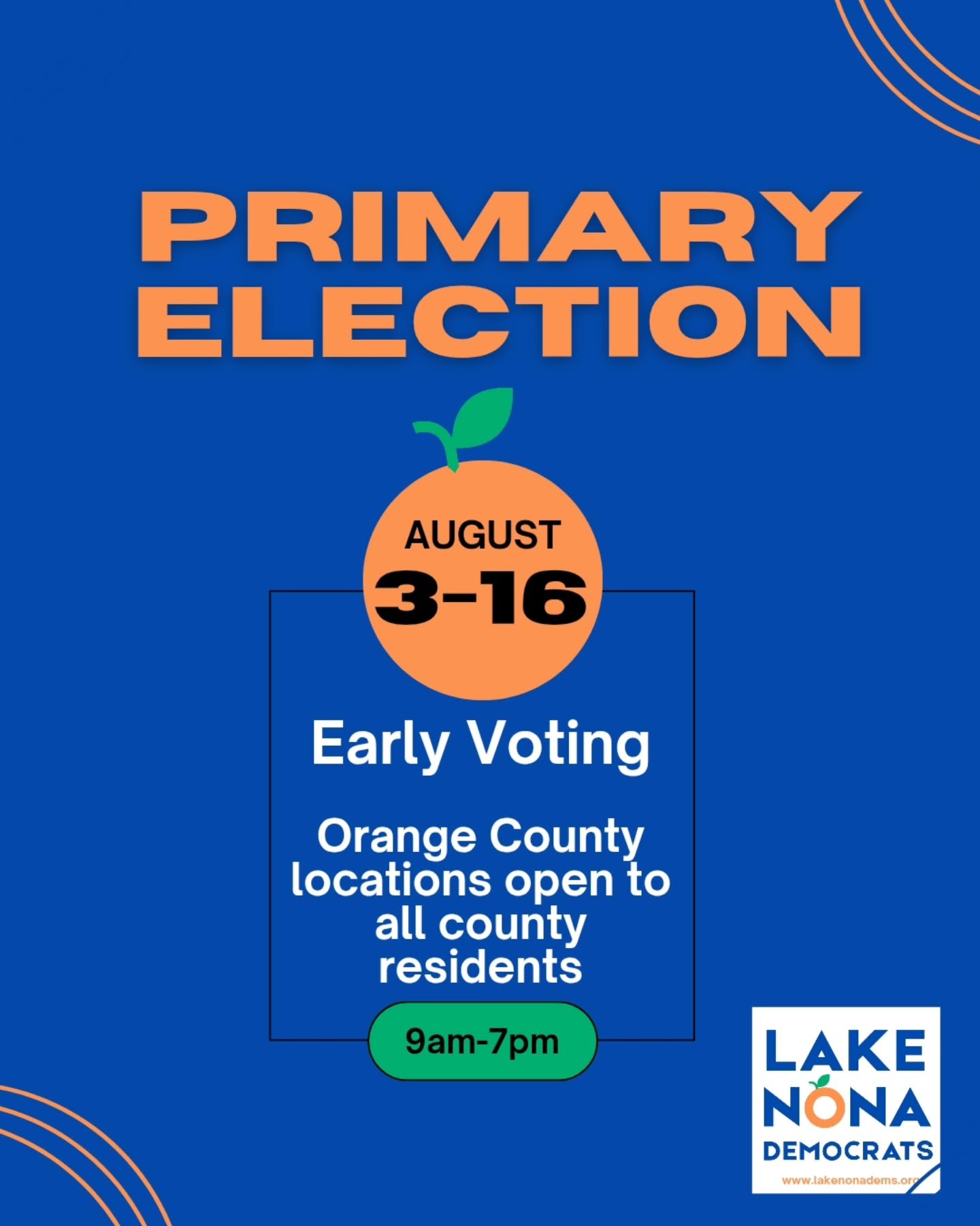 🗳️ Early voting for the primary election starts tomorrow!

🍊 For locations, hours, wait times, and more, visit the Supervisor of Elections @voteorangefl website:
 https://voteorangefl.gov/election-center/

💙 For the @orangedemsfl voter guide, visi