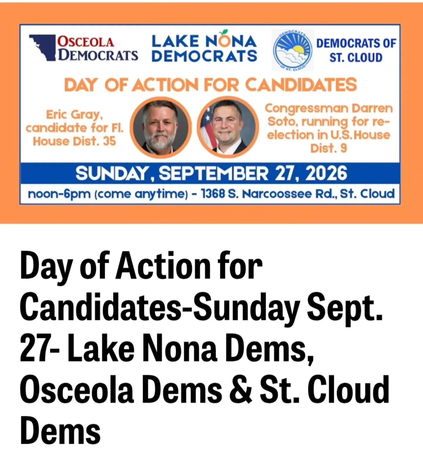 🍊 Change happens when we #DoSomething!

On 9/27, @lakenonademocrats, @stclouddems, and the campaigns of State House candidate Eric Gray @ericgrayforflorida and Congressman Darren Soto @repdarrensoto , both on the ballot November 3rd, are coming toge