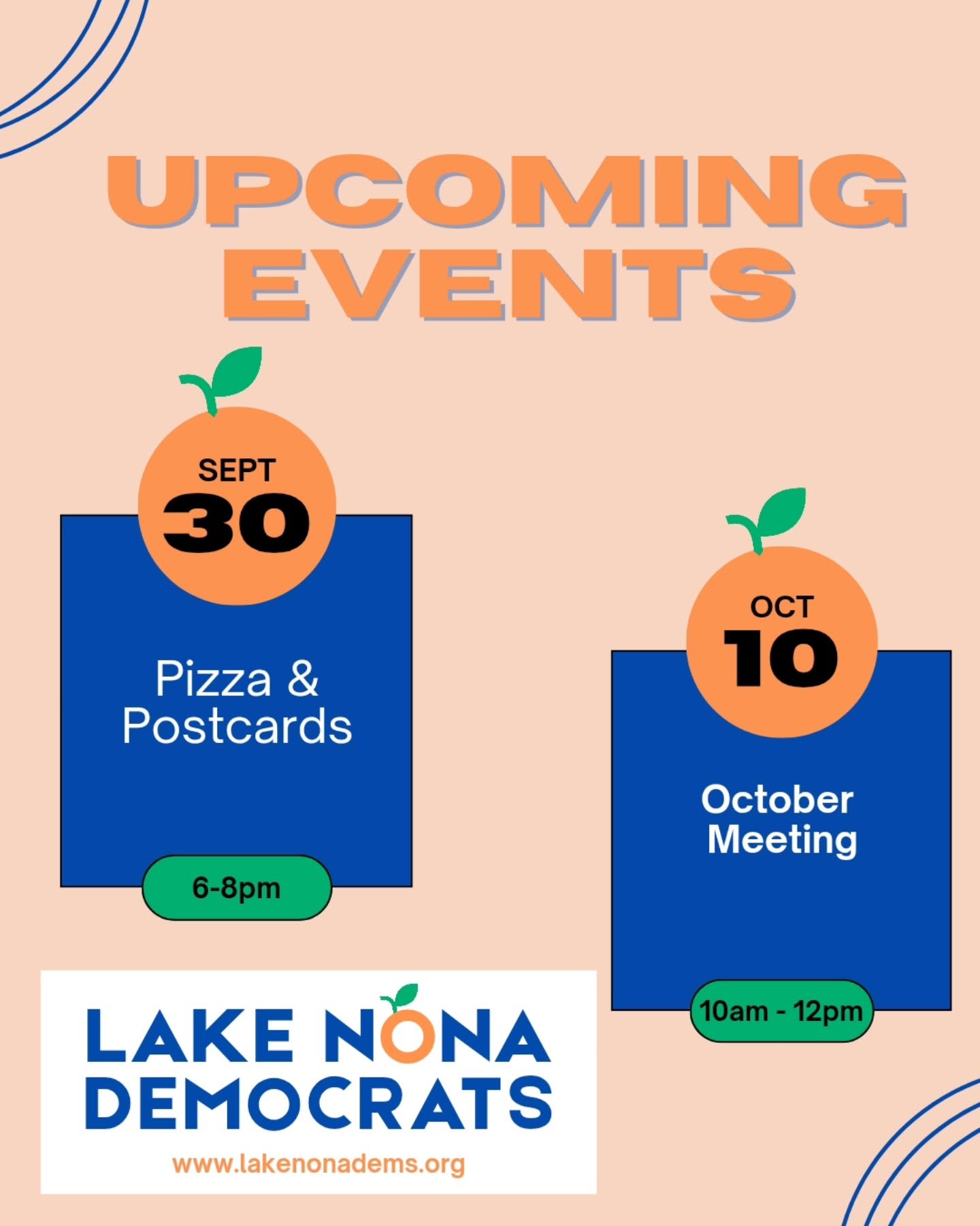 🍕✍🏽 Meet fellow Dems. Eat pizza. Protect democracy 
@lakenonademocrats Pizza and Postcards #DoSomething Night 

🗓️ Wednesday, September 30
🕛 6 &ndash; 8:30pm EDT
📍Gatherings Clubhouse, 7501 Laureate Blvd, Orlando 

📲 RSVP here: https://www.mobi