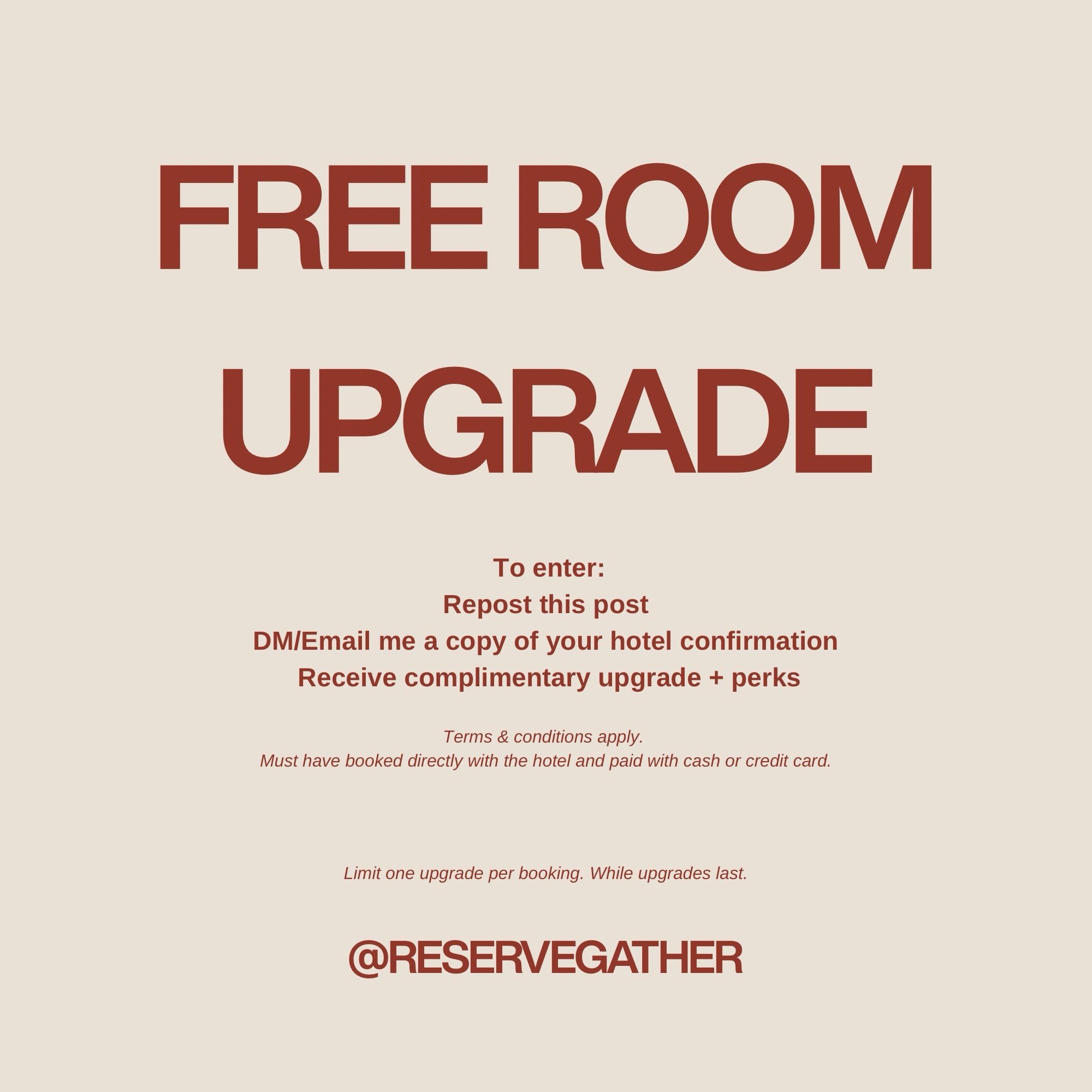 A small upgrade in strategy, a very good upgrade in room. 🥂

Already booked your hotel? Let me take it from here. When I&rsquo;m added to your existing reservation I&rsquo;ll turn it into something better &mdash; a room upgrade, thoughtful perks, sm