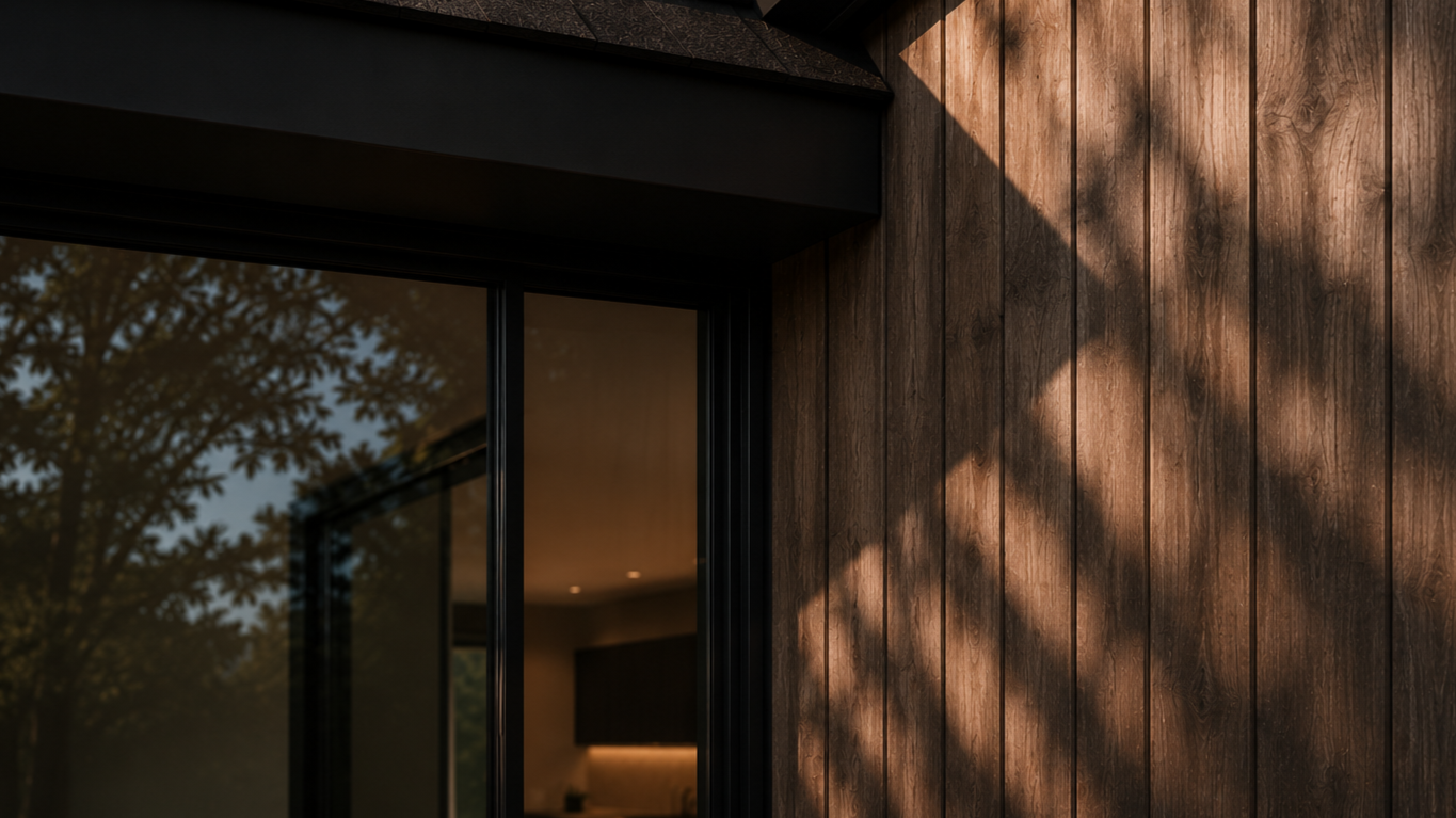 Close-up of a wooden exterior wall of a modern house with sunlight and shadow patterns, partially showing a large window reflecting trees.