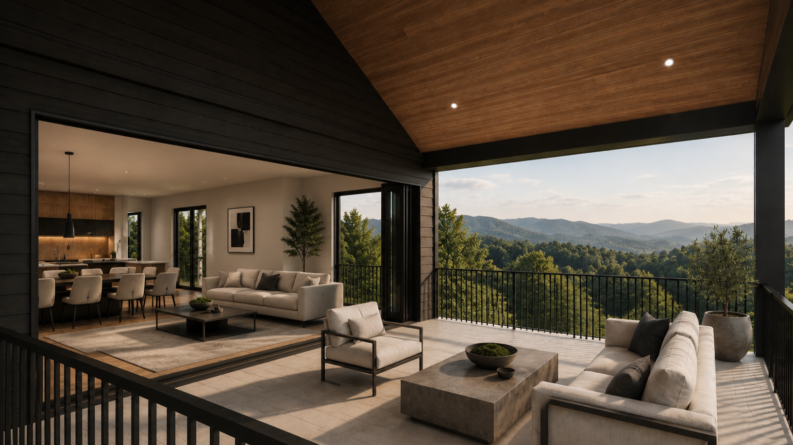 Modern living room and balcony with mountain view, furnished with white sofas, armchairs, a coffee table, and potted plants, overlooking lush green mountains.