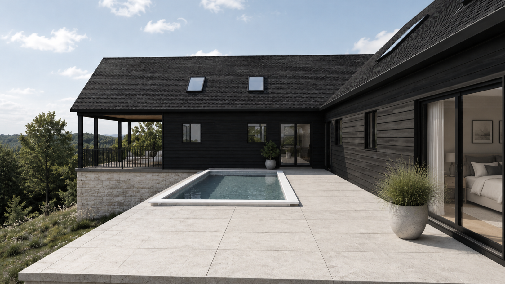 Exterior view of a modern house with black siding and a rooftop deck with a small pool and sliding glass door leading to a bedroom.