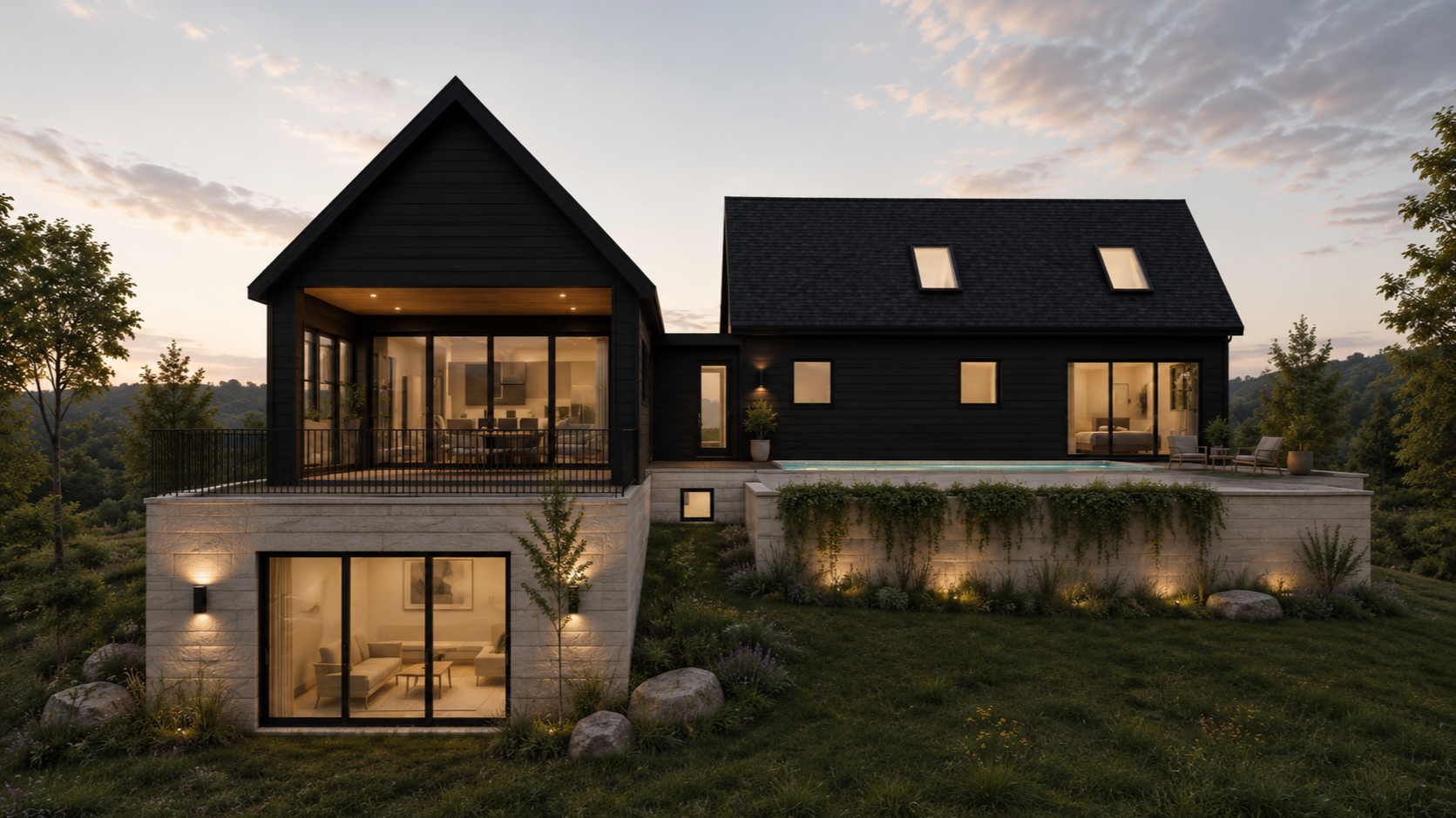 A modern, multi-story house with black exterior walls, large glass windows, and a spacious outdoor deck with seating areas. The house is set against a backdrop of green hills at sunset, with warm exterior lighting and a swimming pool.