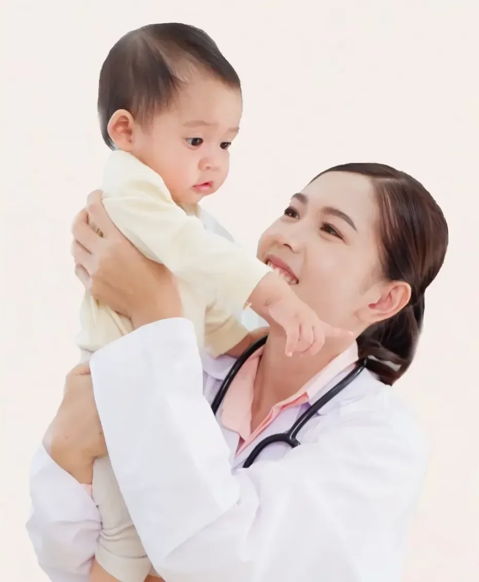 Pediatric healthcare professional caring for a young child, representing compassionate care and earlier diagnosis through genetic testing.
