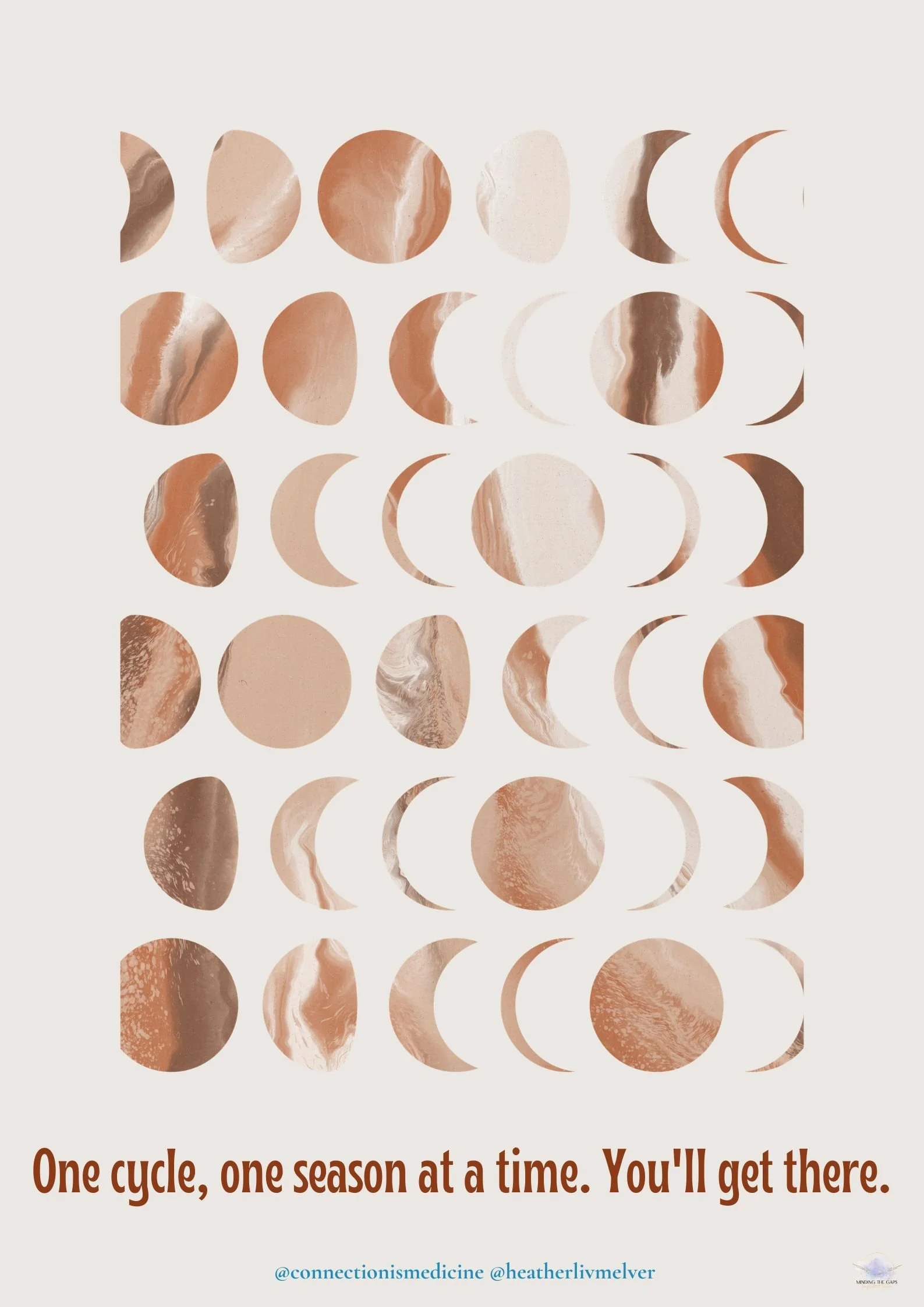 An abstract art piece with various phases of the moon depicted as circles with marbled textures in shades of beige, tan, and brown, arranged in a grid pattern. There is a motivational quote at the bottom of the image: