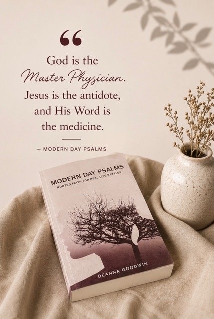 A wall with a quote, from a book titled "Modern Day Psalms" by Deanna Goodwin, and a vase with dried flowers.