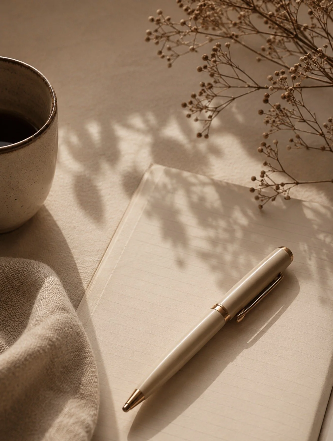 A beige notebook with lined pages, a white and gold pen, a cup of black coffee, and a branch of small dried flowers on a textured beige surface, with soft shadow and warm lighting.